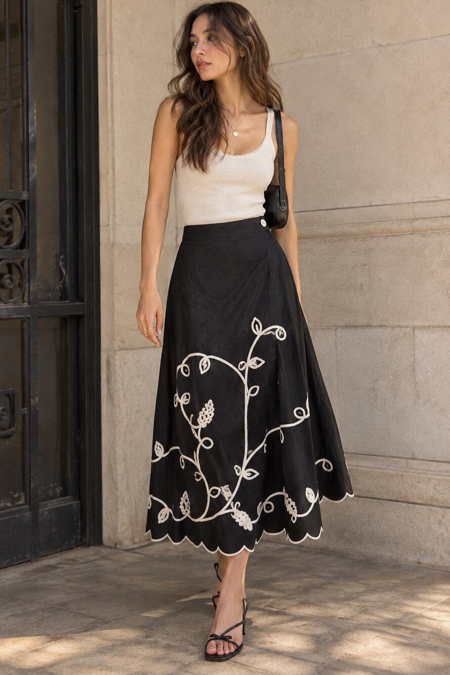 Vintage Cervelle Size 6 Black Cotton Soutache Embroidered Midi Skirt Whimsigoth